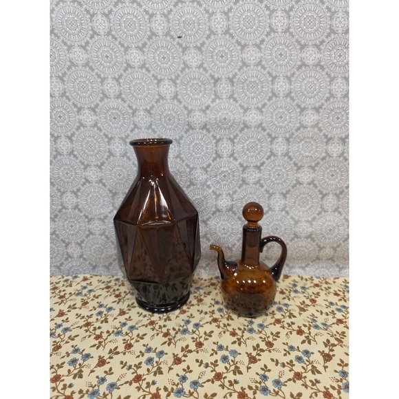 Vintage Amber Glass Vase Geometric Design + Oil Vinegar Cruet Decanter Set MCM - Picture 1 of 9